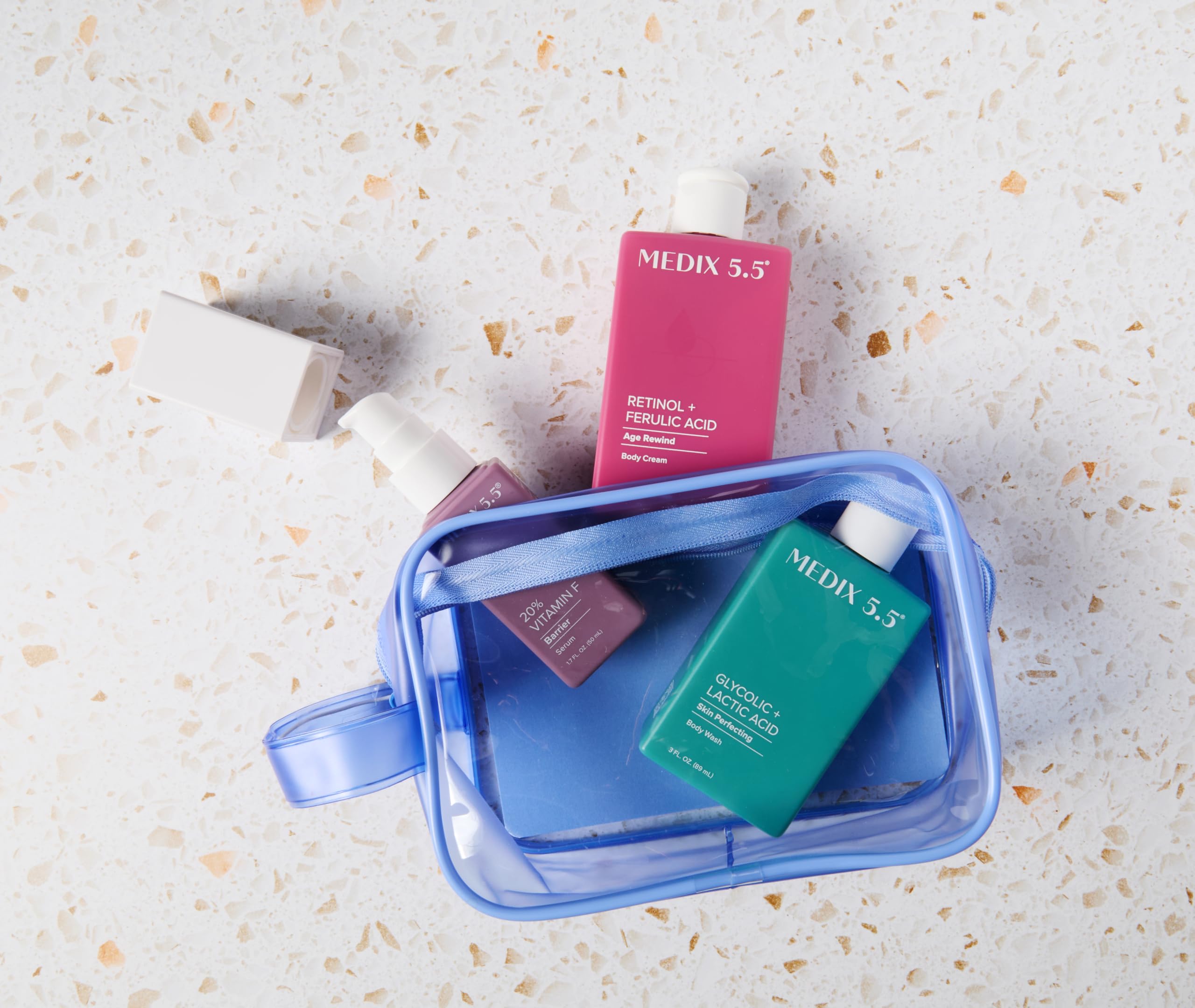 Medix 5.5 travel kit glycolic body wash exfoliates dry skin for a refreshed feel.
