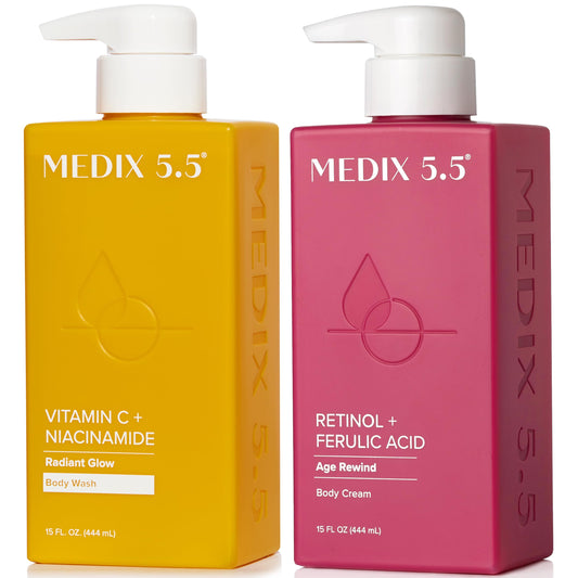 Medix 5.5 Vitamin C Body Wash bottle for bright, smooth skin after shower.