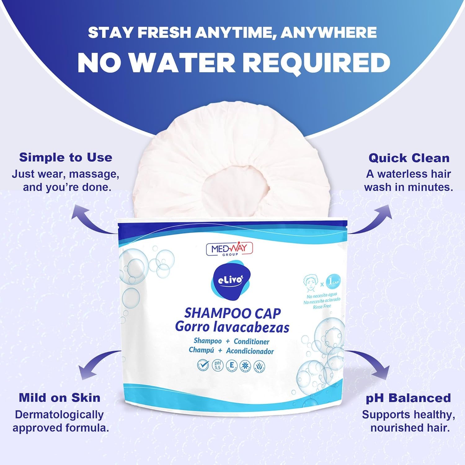 MedVance Gentle No-Rinse Cap worn on head for quick cleansing.