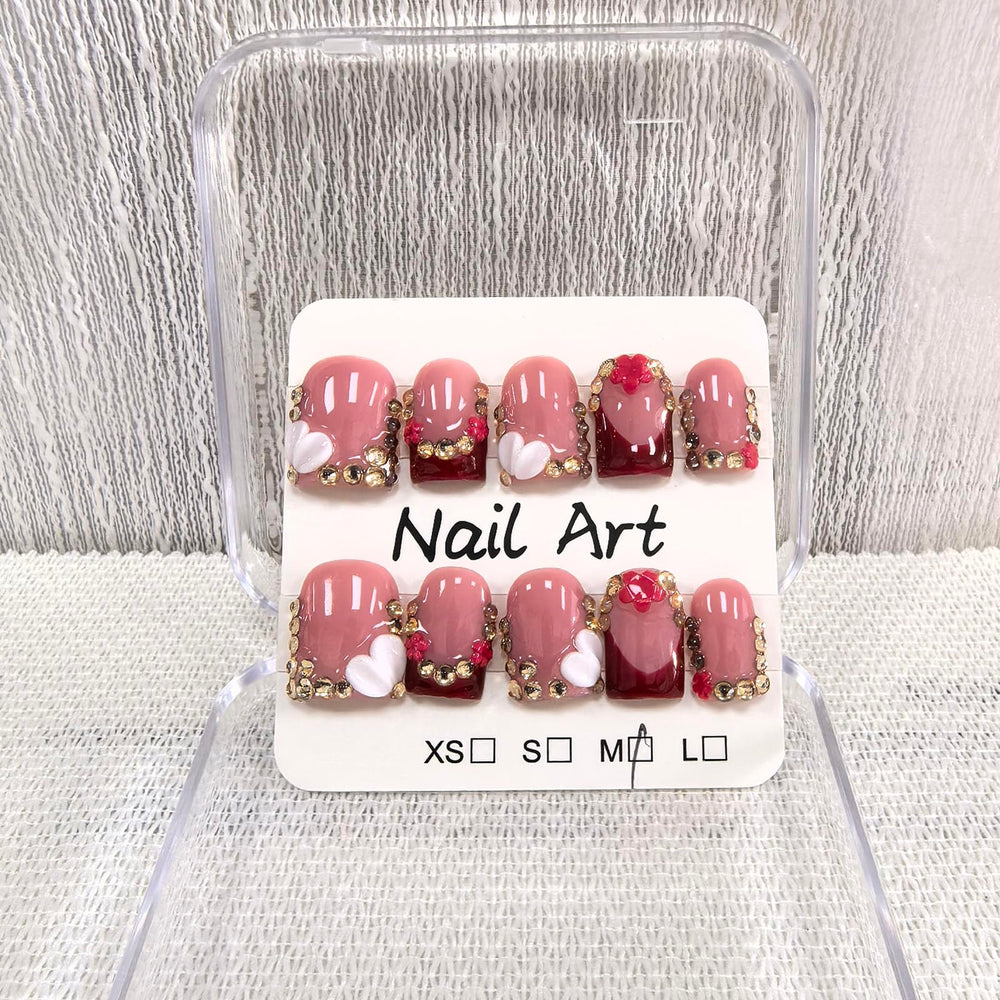 Meemooron handmade press-on nails, square short red with 3D flowers for chic, long-lasting wear.