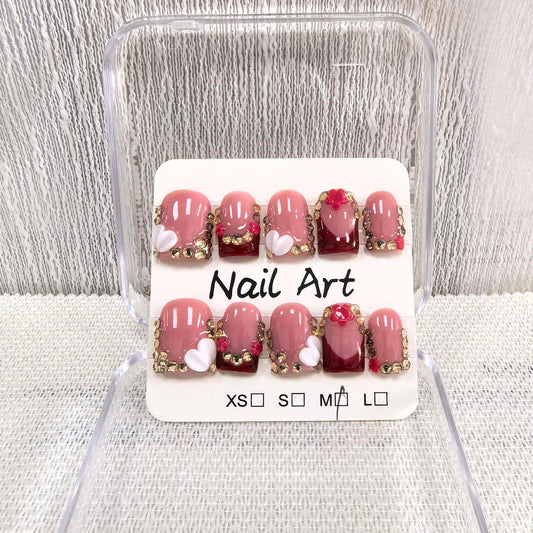 Meemooron handmade press-on nails, square short red with 3D flowers for chic, long-lasting wear.