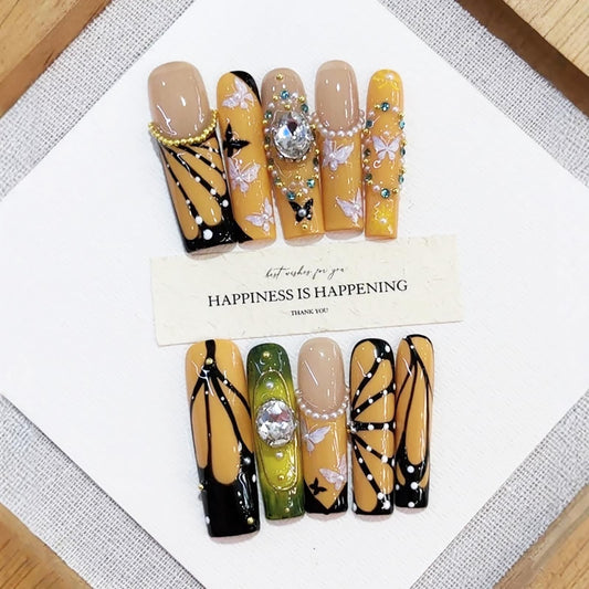 Meemooron handmade press-on nails with yellow French tip and 3D butterflies for a vibrant look.