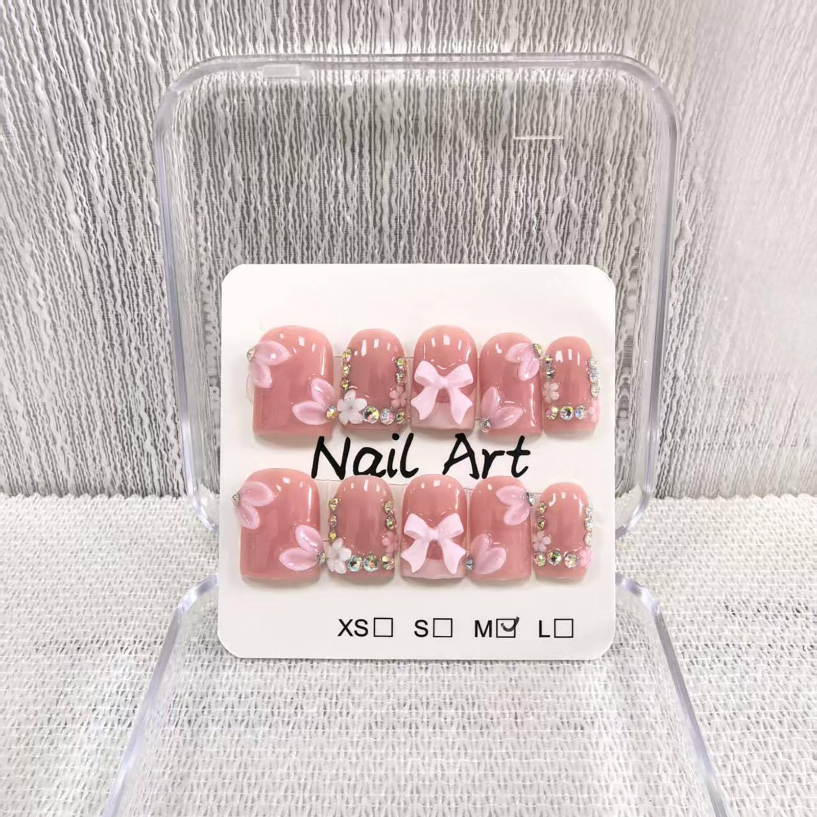 Meemooron square short press-on nails with pink French tip and 3D bow for chic elegance.