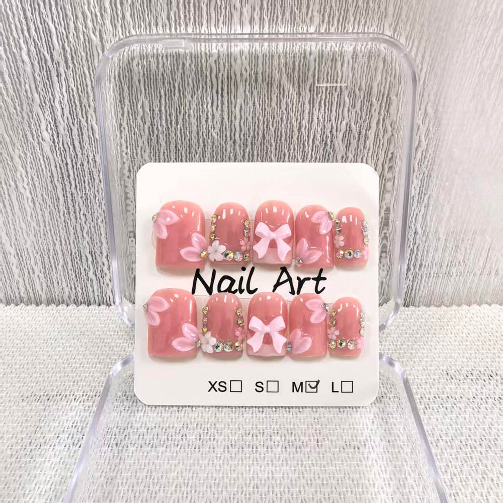 Meemooron square short press-on nails with pink French tip and 3D bow for chic elegance.