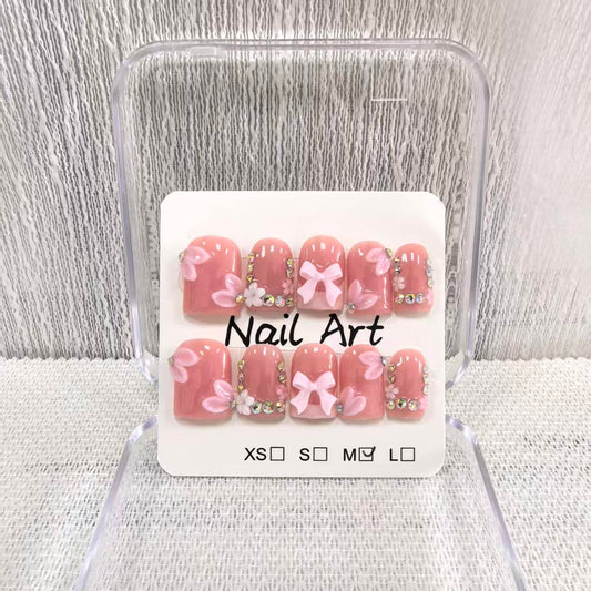 Meemooron square short press-on nails with pink French tip and 3D bow for chic elegance.