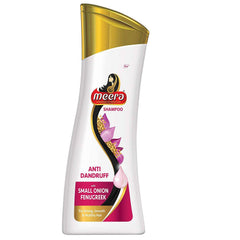 Meera Anti Dandruff Shampoo bottle front with onion and fenugreek for a healthy scalp