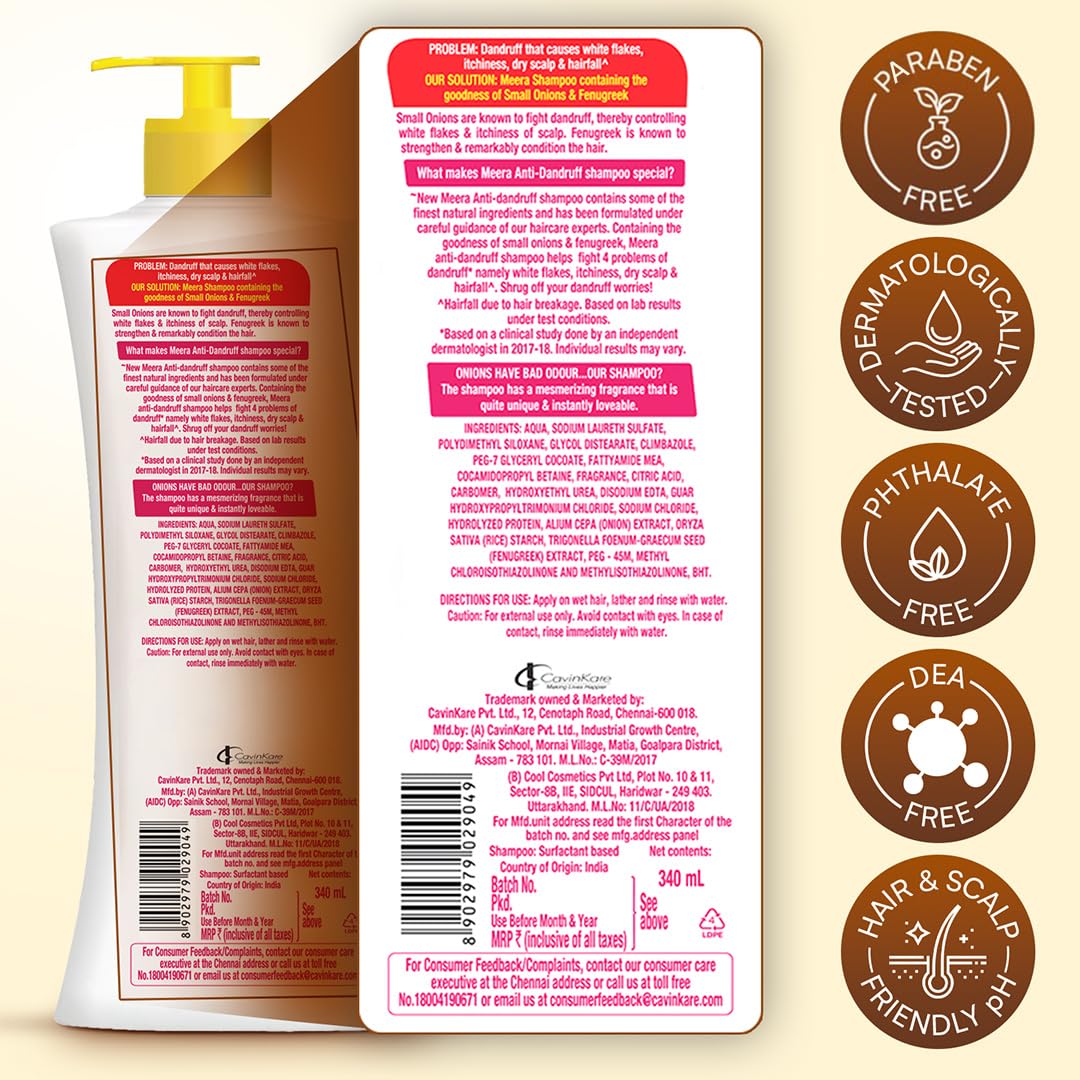 Meera anti-dandruff shampoo bottle on shelf signals a clean routine.