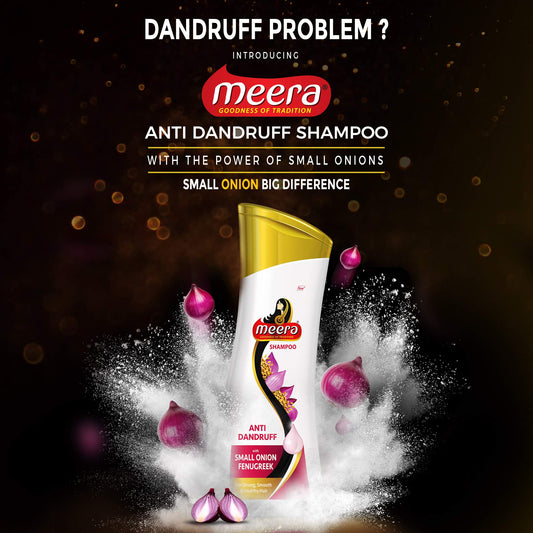 Meera Anti Dandruff Shampoo ingredients on pack highlighting onion and fenugreek