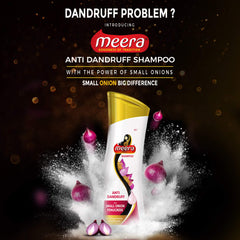 Meera Anti Dandruff Shampoo ingredients on pack highlighting onion and fenugreek