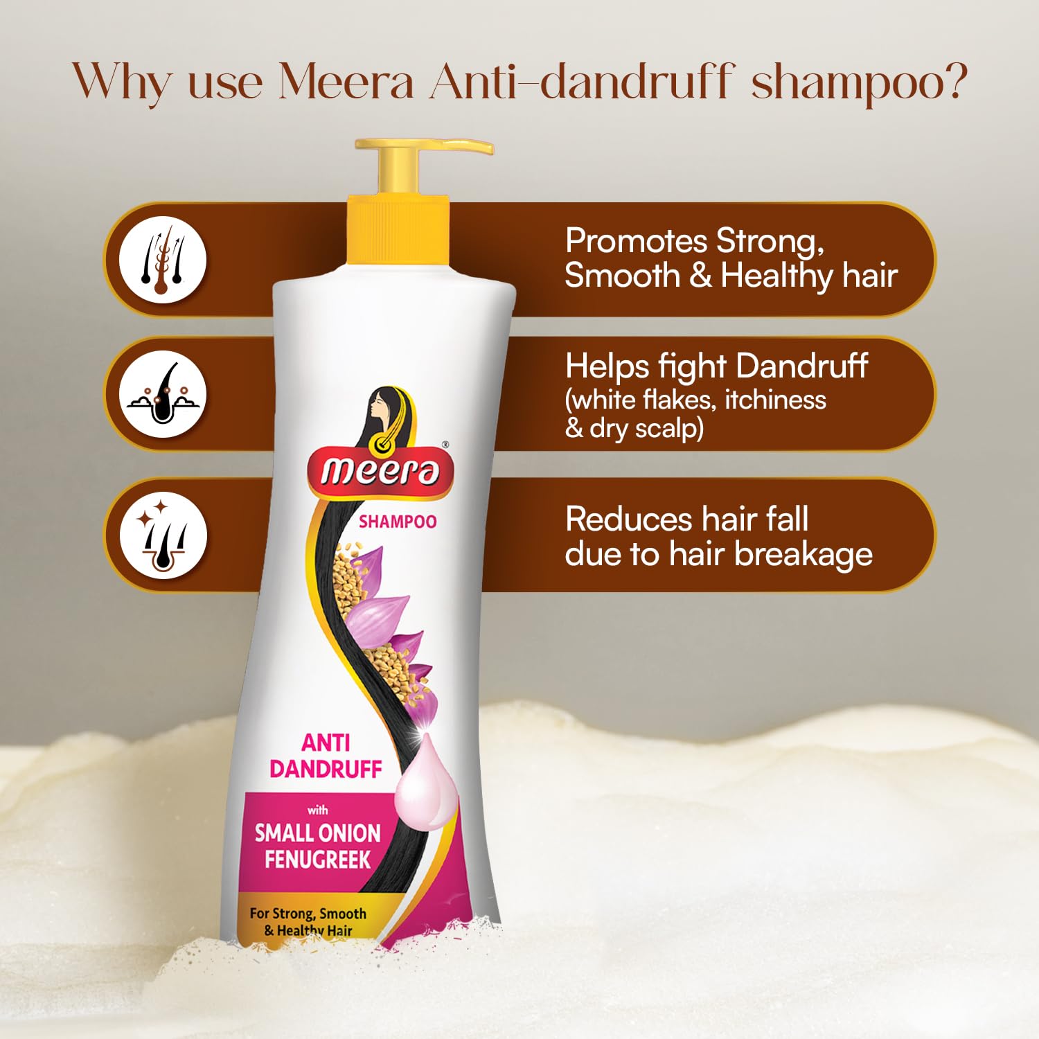 Meera anti-dandruff shampoo lather on hair showing silky, manageable results.