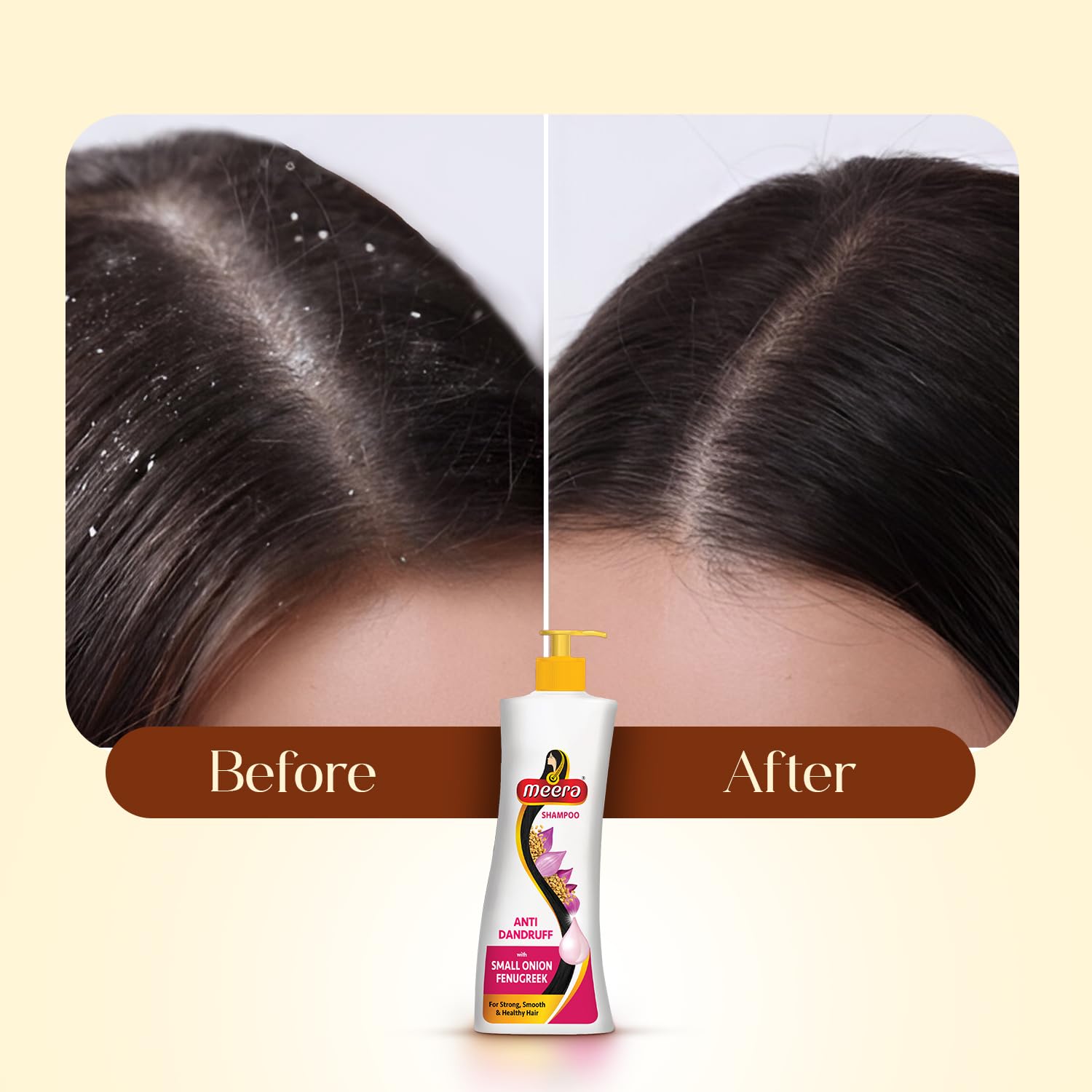 Meera anti-dandruff shampoo packaging flatlay highlighting size and features.