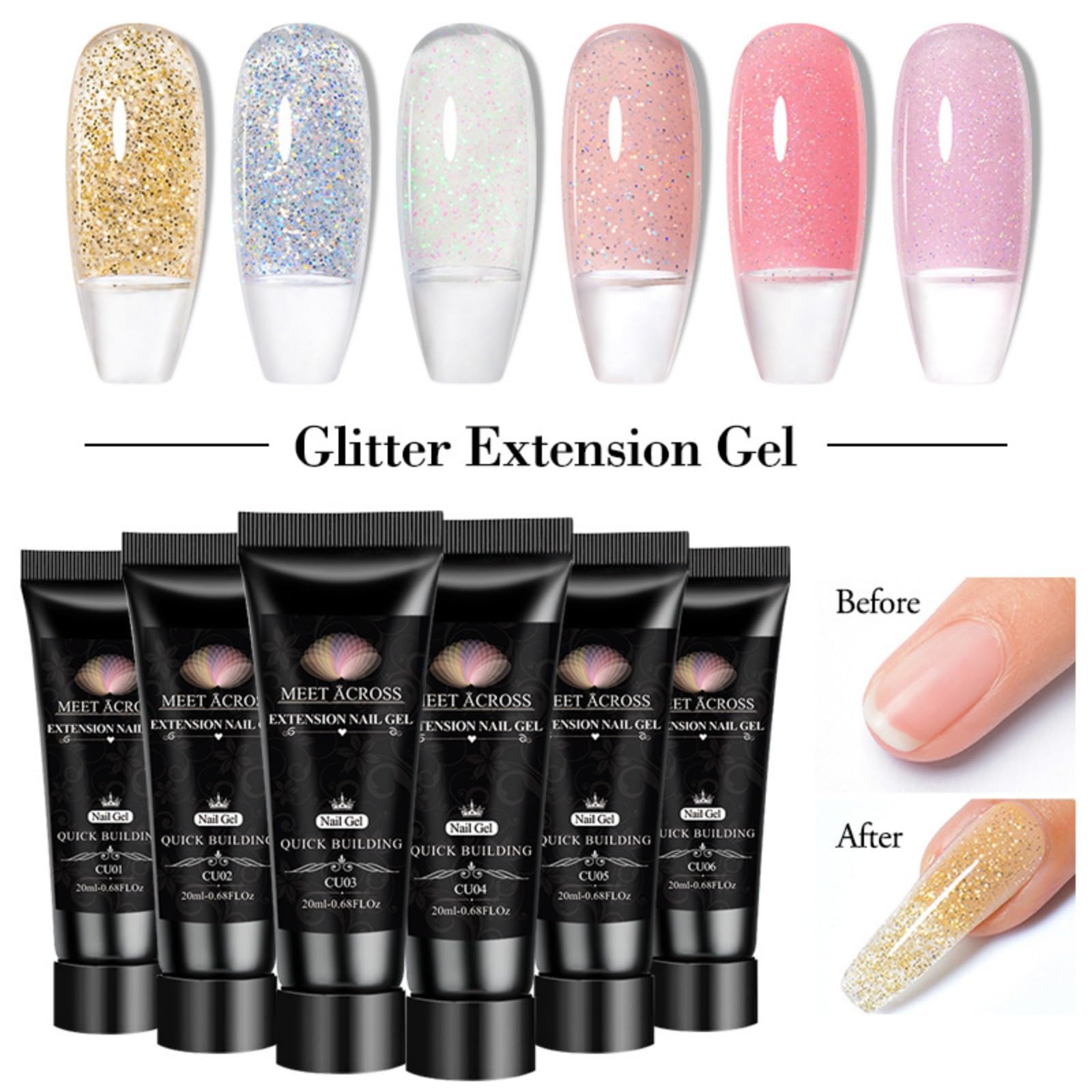 MEET ACROSS builder gels top view displaying pinkish nude, clear and glitter colors for versatile looks