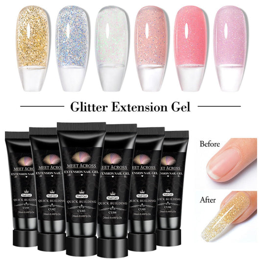 MEET ACROSS builder gels top view displaying pinkish nude, clear and glitter colors for versatile looks