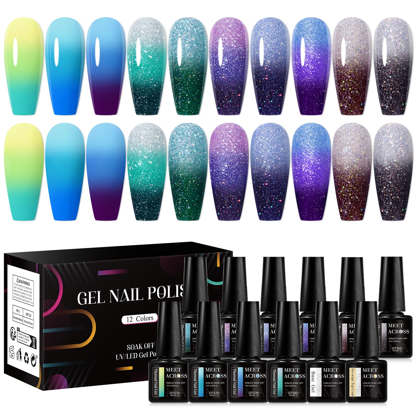 MEET ACROSS color changing gel polish packaging shown as a gift-ready kit