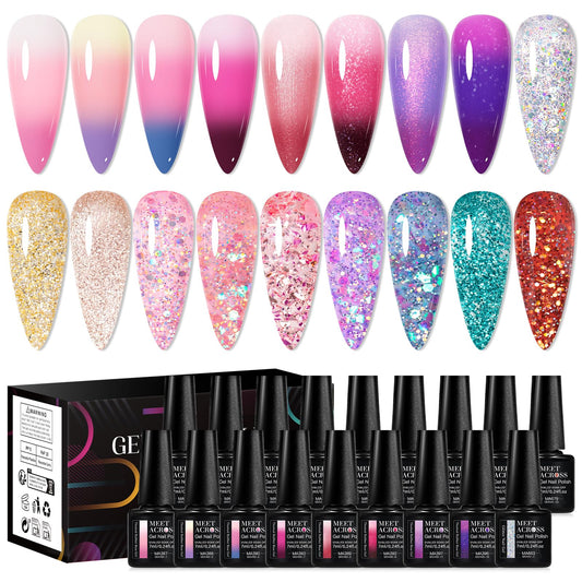 MEET ACROSS color-changing nude pink mood gel bottle showing temperature-driven color shift