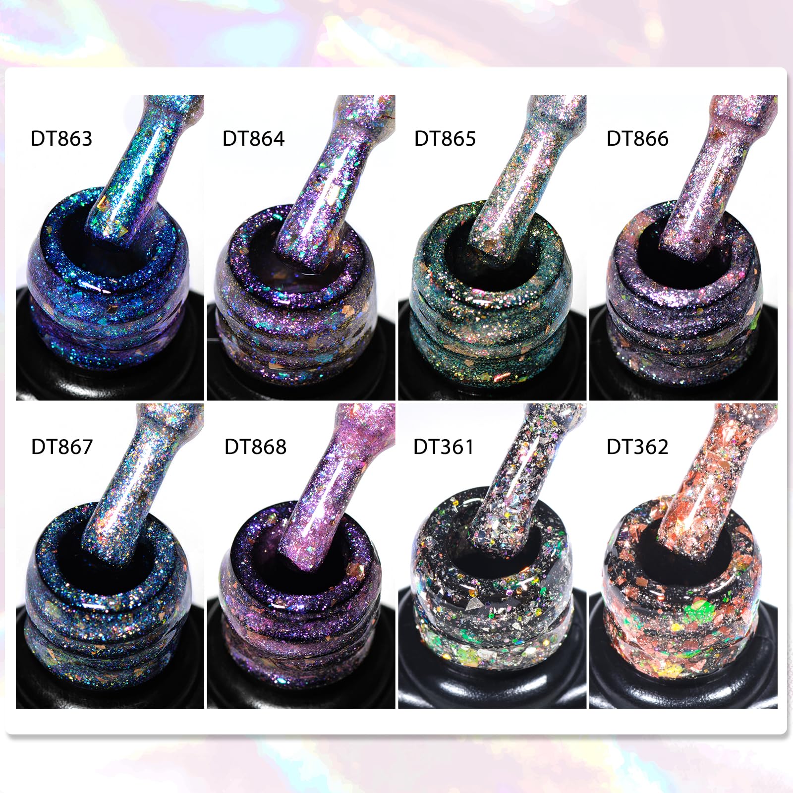 Meet Across glitter gel polish bottles with rich pigmentation.