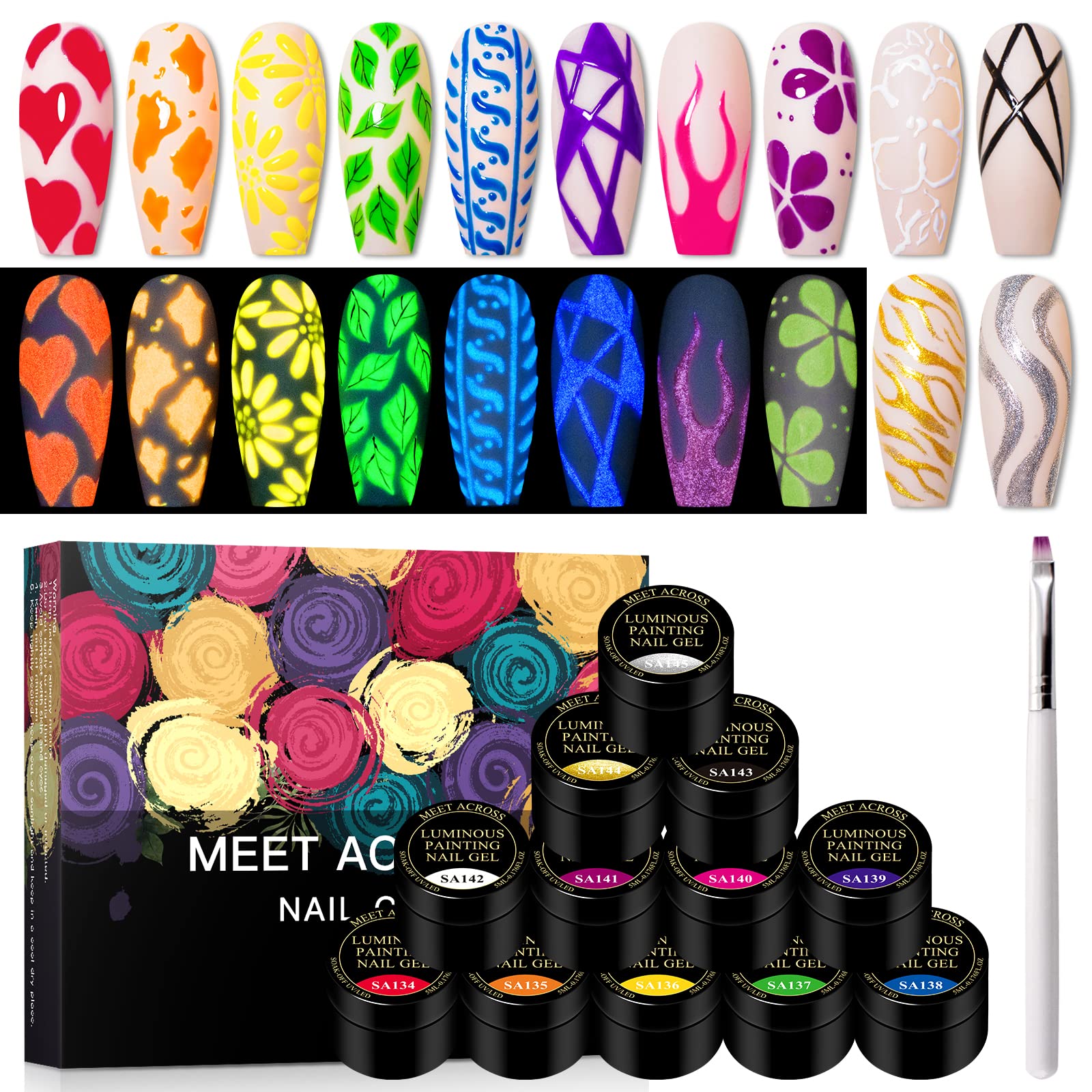 MEET ACROSS glow-dark paint kit box showing 12 vibrant neon colors for nails.