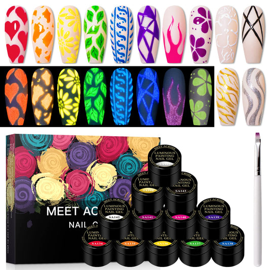 MEET ACROSS glow-dark paint kit box showing 12 vibrant neon colors for nails.