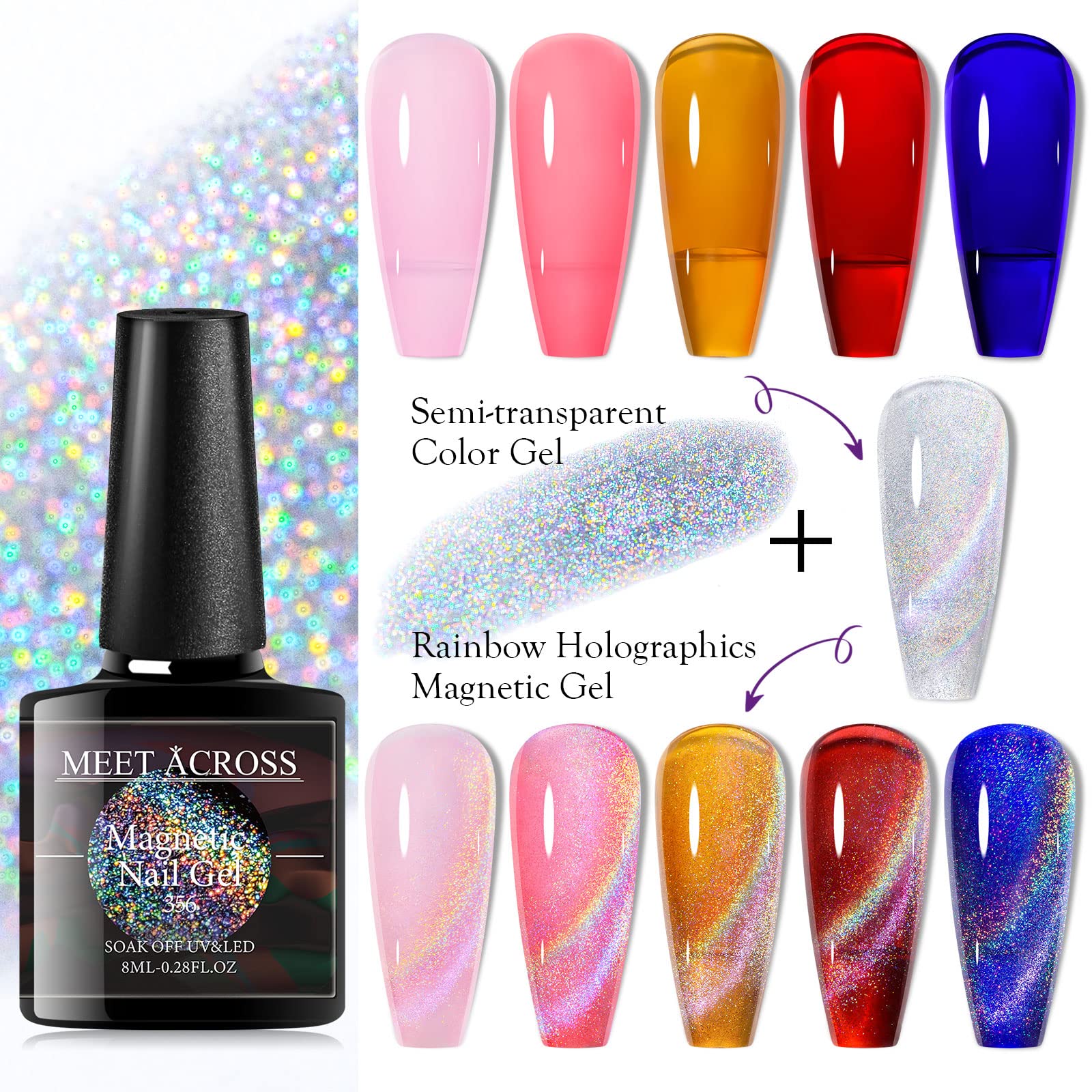 MEET ACROSS rainbow-gem 8ml gel polish swatches offer vibrant color variety.