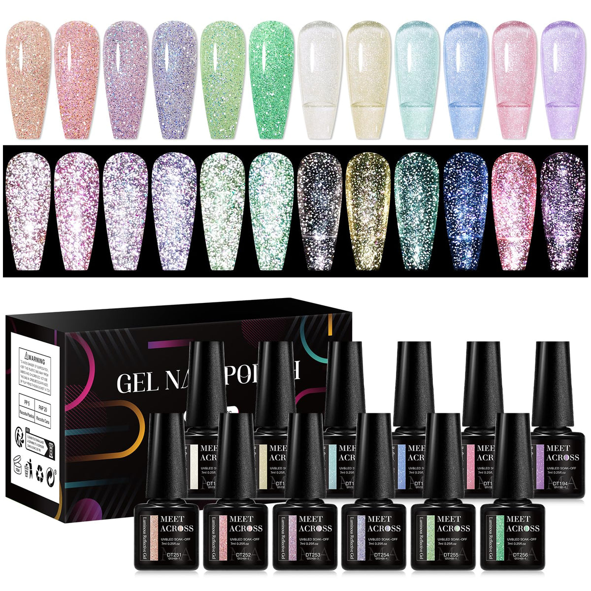 MEET ACROSS reflective glitter nail polish set bottles close-up for dazzling everyday nails.