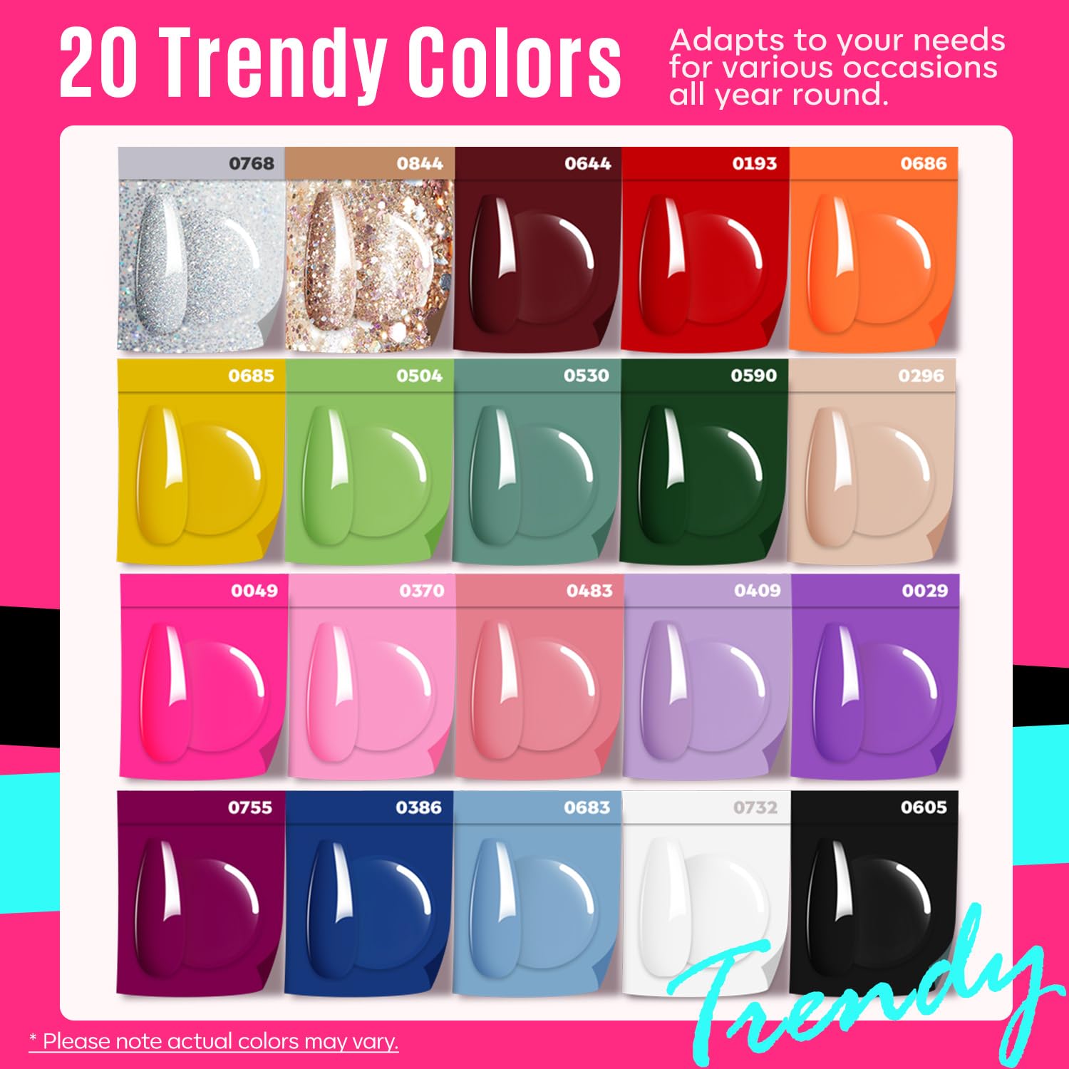MEFA twenty-color gel polish palette offers versatile shades for weekly looks.