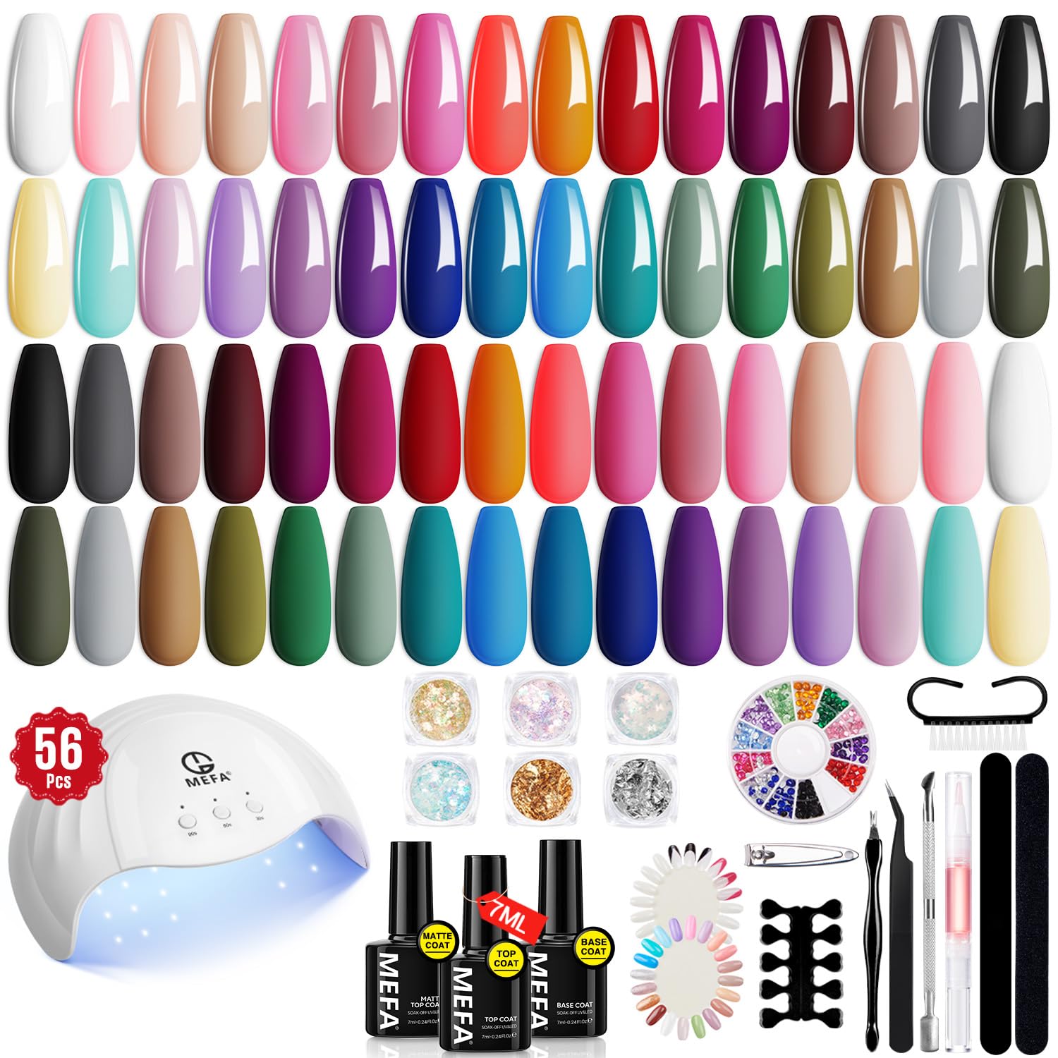 MEFA 32 color gel nail polish kit with UV light front view for at-home manicures
