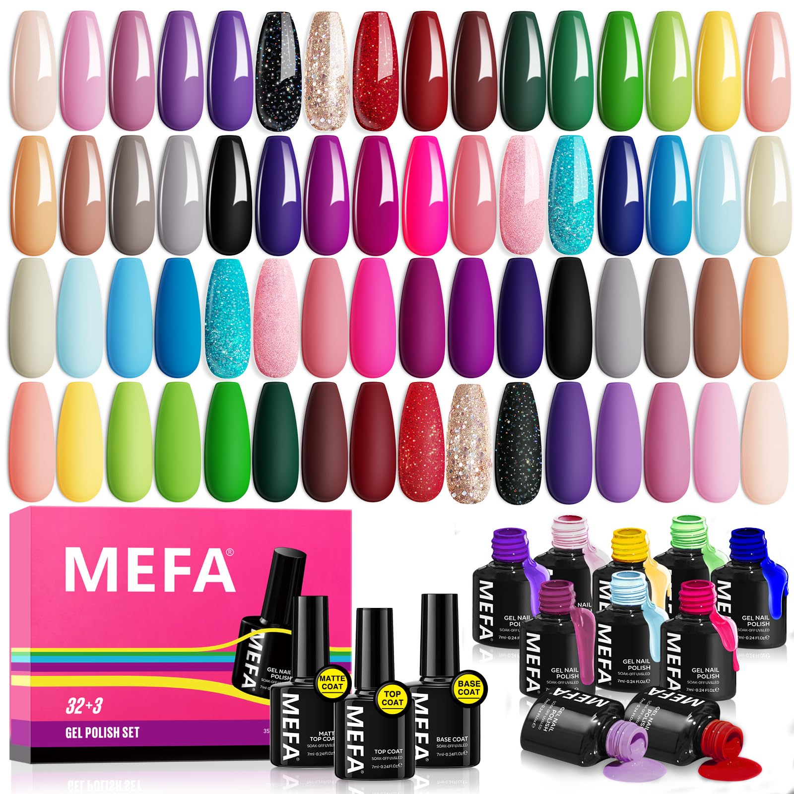 MEFA 35-piece gel nail polish set closeup on bottles shows color variety
