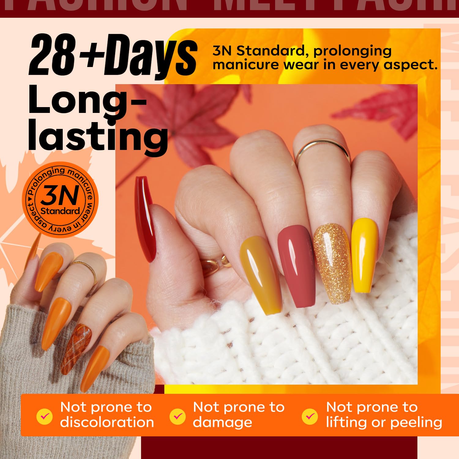 MEFA maple leaves orange shade for fall-inspired manicure.