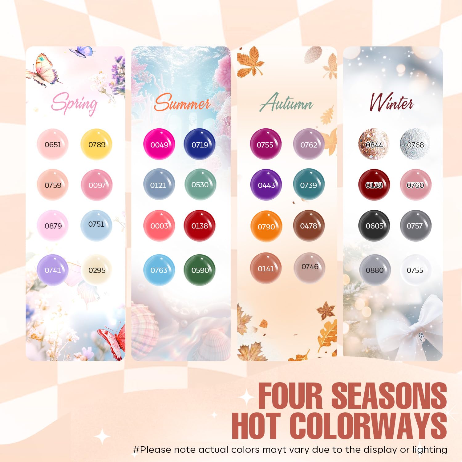 32-color MEFA gel polish swatches including nude and seasonal shades.