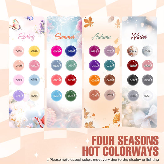 32-color MEFA gel polish swatches including nude and seasonal shades.