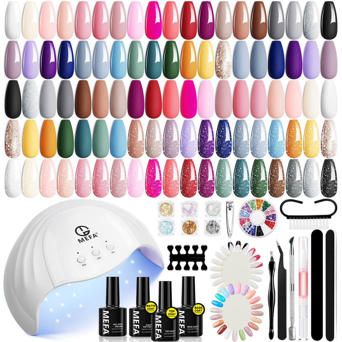 MEFA gel nail kit under the 72W LED lamp for fast at-home curing.