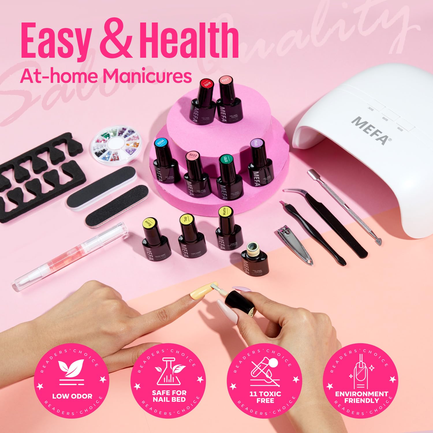 MEFA nail file, buffer, pusher, and clipper for shaping prep.