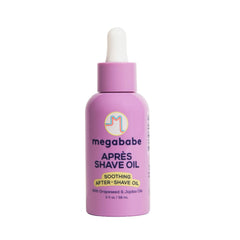 Megababe Après Shave Oil bottle for post-shave relief with a compact design.