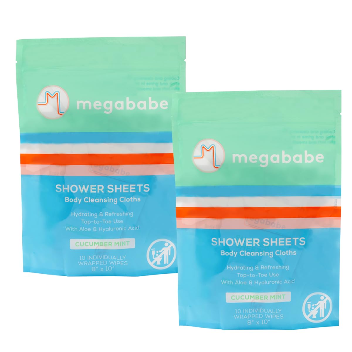 Megababe cucumber mint shower sheets laid out as full-size 8x10 wipes for full-body cleansing.