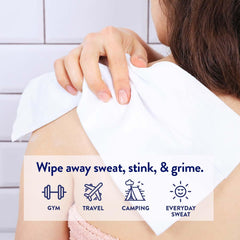Individually wrapped Megababe shower sheets shown for easy portability.