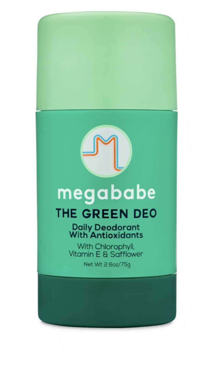 Megababe Daily Deodorant Green Deo bottle with natural odor protection for sensitive underarms.