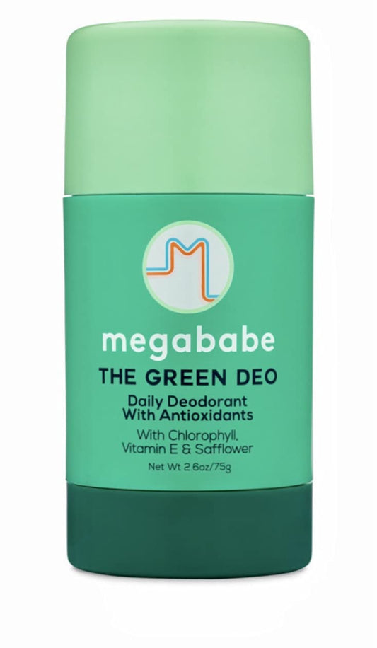 Megababe Daily Deodorant Green Deo bottle with natural odor protection for sensitive underarms.
