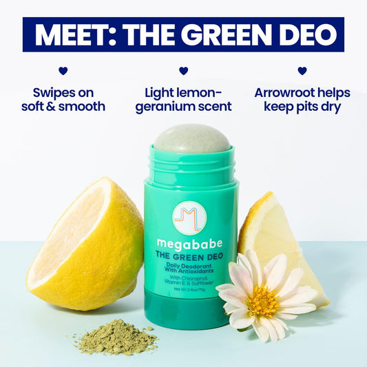 Megababe Daily Deodorant Green Deo side label highlights all-natural ingredients.