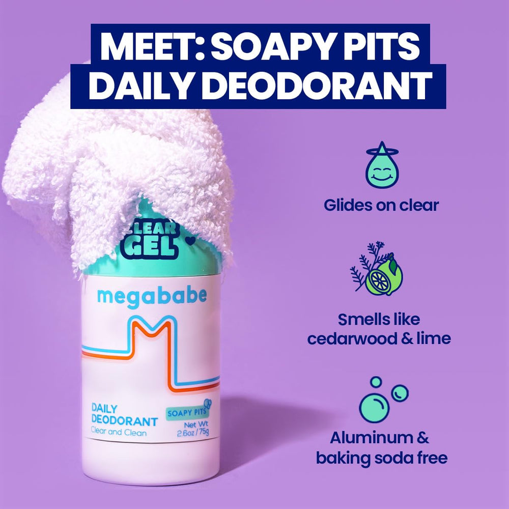 Megababe Daily Deodorant Soapy Pits underarm application demonstrates quick-dry, transparent finish