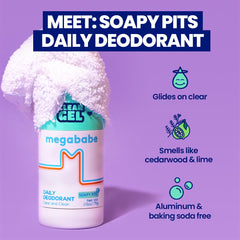 Megababe Daily Deodorant Soapy Pits underarm application demonstrates quick-dry, transparent finish
