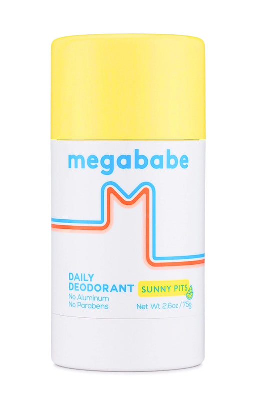 Megababe Daily Deodorant Sunny Pits glides on clear, aluminum-free protection for all-day freshness.