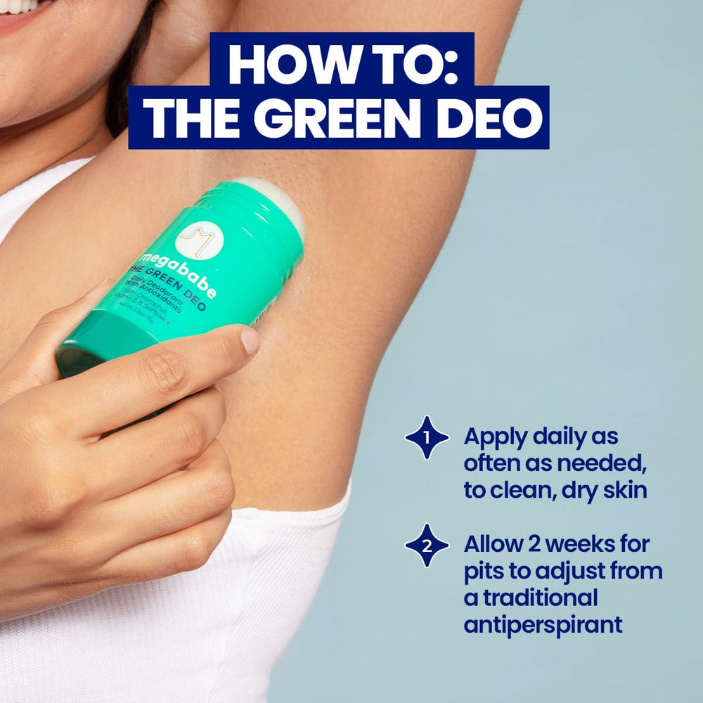 Megababe Green Deo texture swatch shows a smooth, easy-glide solid stick.