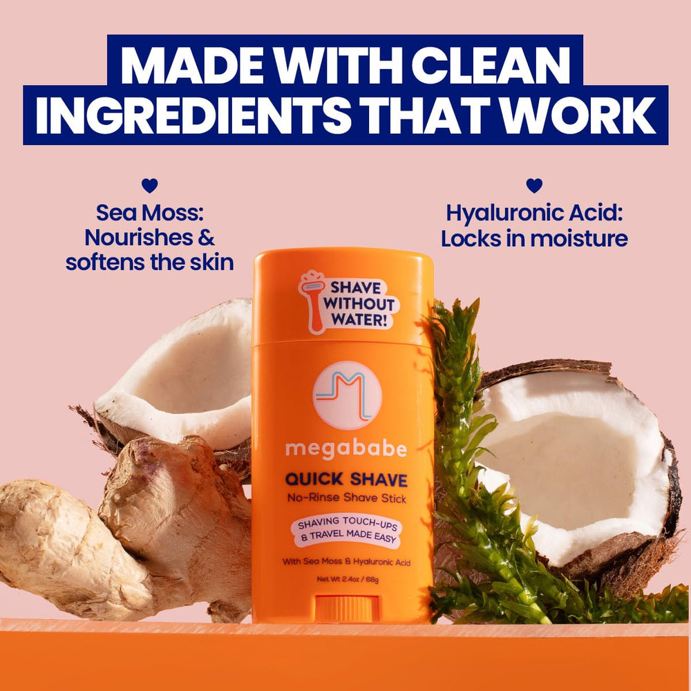 Megababe Quick Shave stick application showing mess-free use.