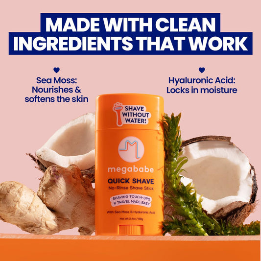 Megababe Quick Shave stick application showing mess-free use.