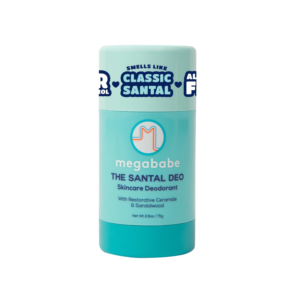 Megababe Santal Deo packaging shows aluminum-free design for sensitive skin.