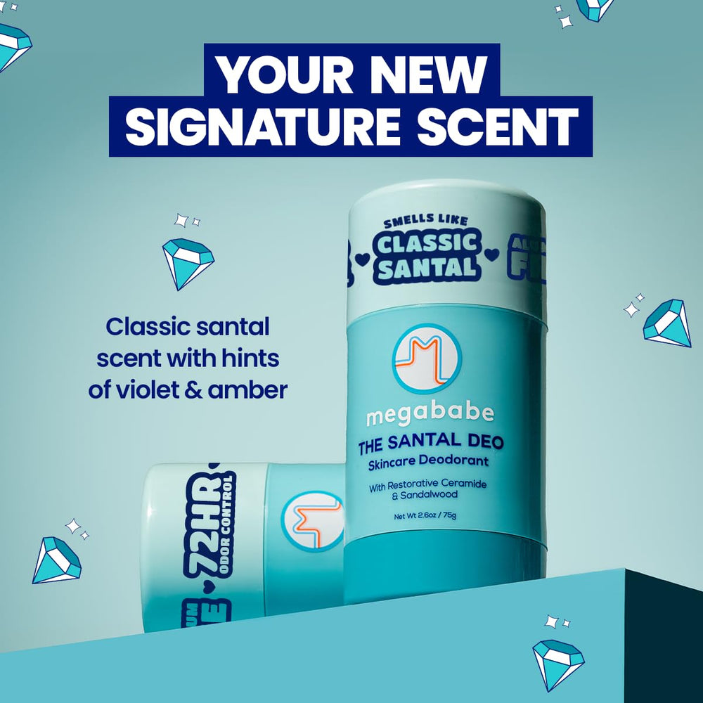 Megababe Santal Deo stick close-up reveals creamy glide for easy application.