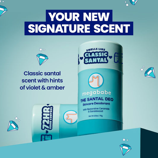 Megababe Santal Deo stick close-up reveals creamy glide for easy application.