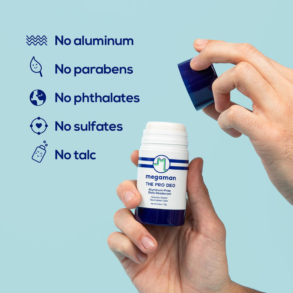 Megaman Pro Deo packaging shot communicates aluminum-free protection.