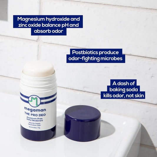 Megaman Pro Deo stick-application close-up highlighting easy, no-tug use.