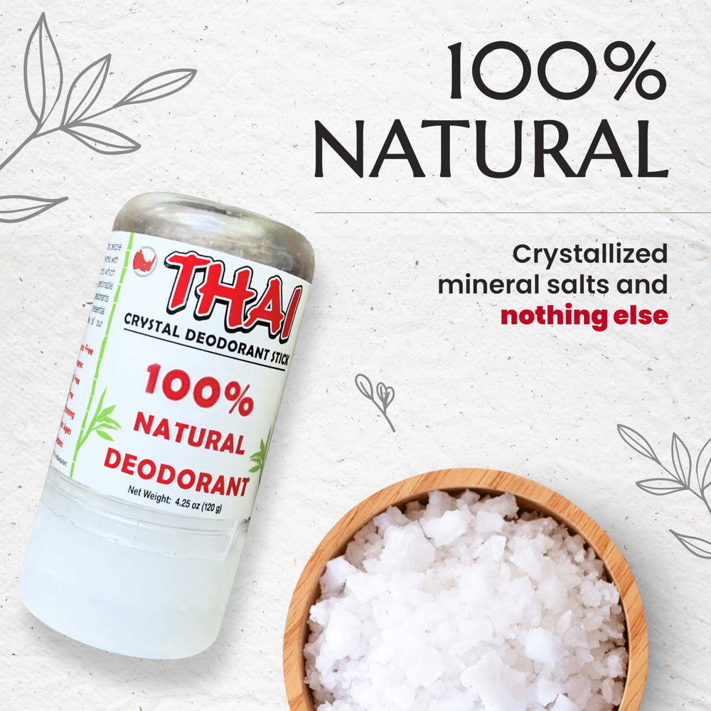 Packaged stone in hand highlights easy, mess-free crystal deodorant application.